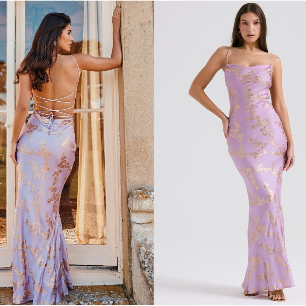 HOUSE OF CB‎ 'Capriana' Orchid Jacquard Satin Gown NWOT metallic gold purple M - Picture 4 of 13
